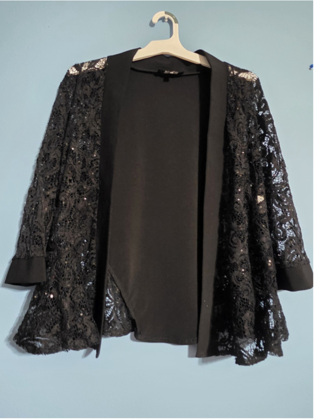 R&M Richards Black Stretch Knit Top Lace Sequins Small dressy chic goth feminine
